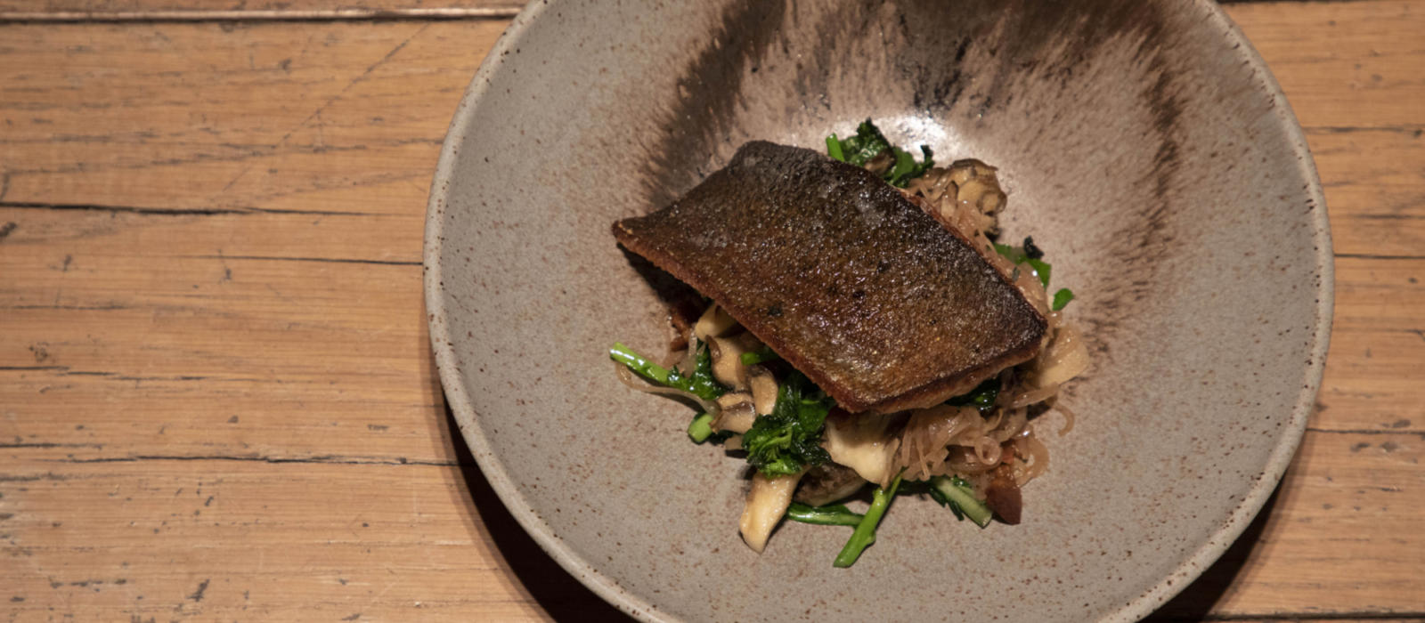 Seared Trout with Garden Greens, Mushroom Agrodolce and Bacon