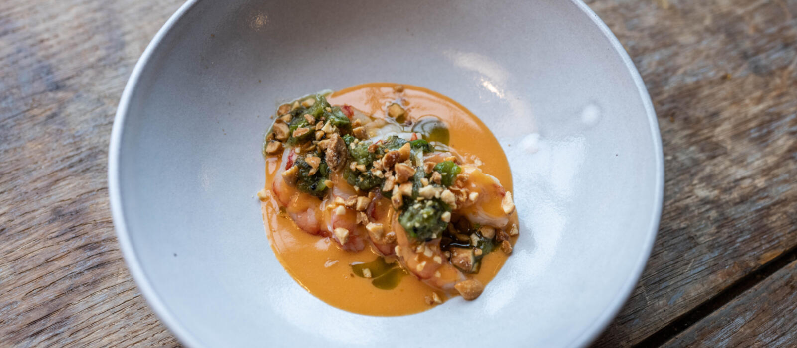 Alabama Royal Red Shrimp with Sweet Potato Beurre Blanc, Charred Scallions and Peanuts