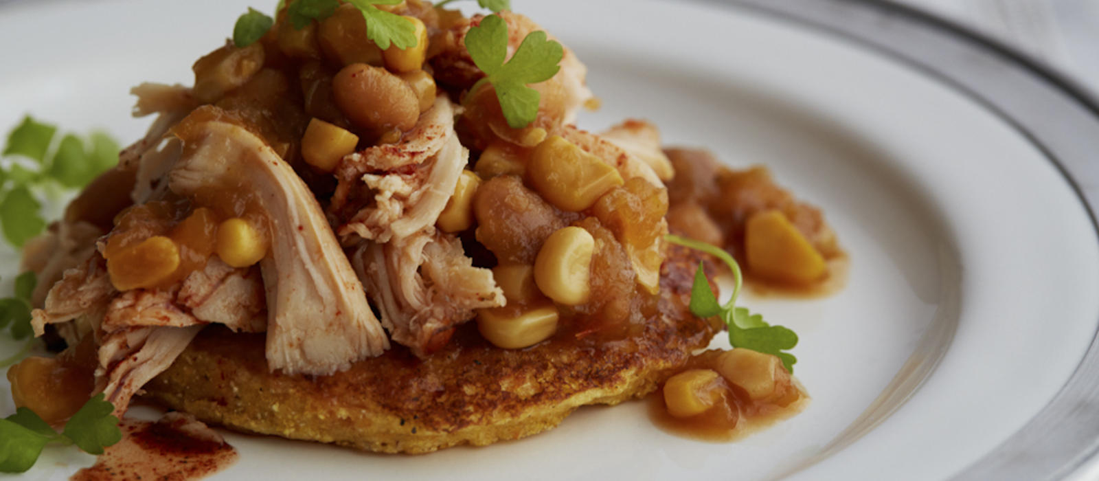 Hoecakes with Pulled BBQ Chicken and Succotash