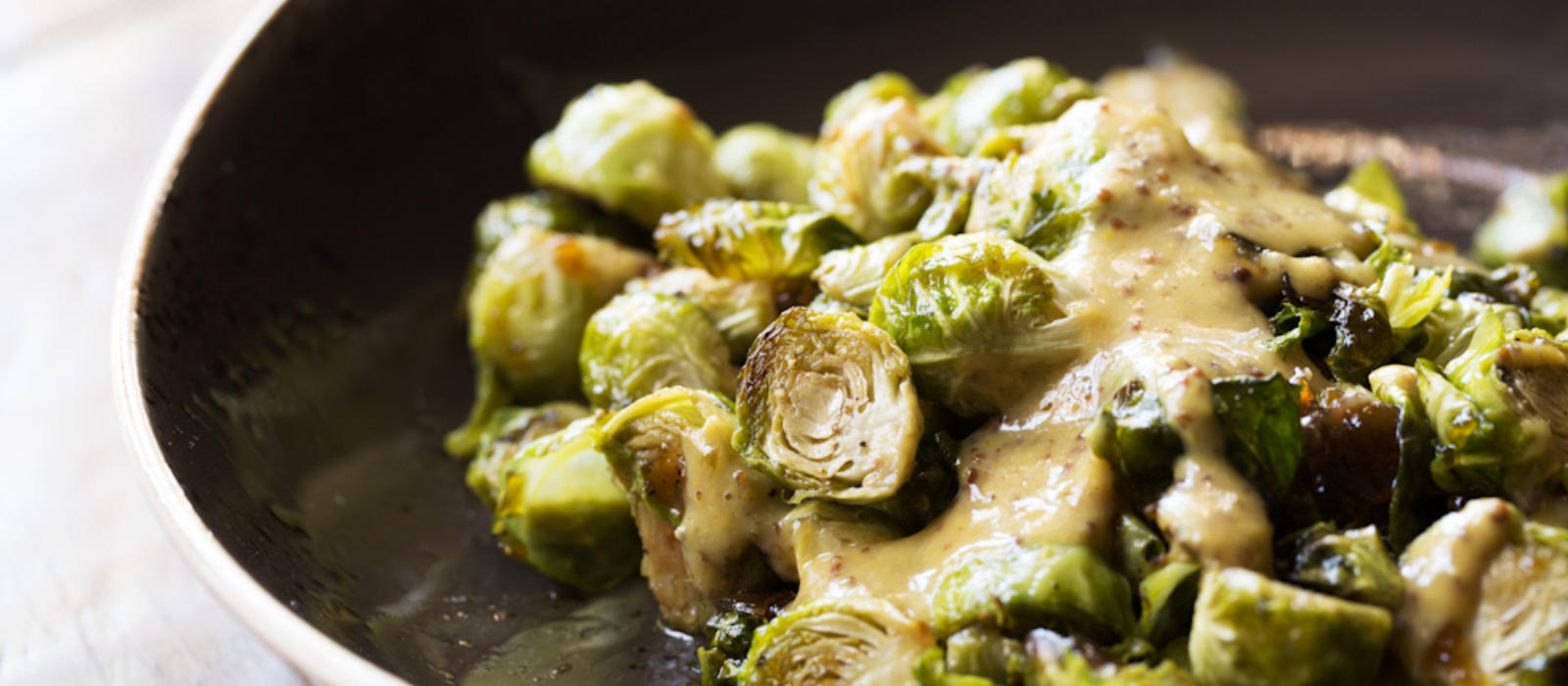 Roasted Brussel Sprout Salad with Onion Jam, Sweet Hot Mustard