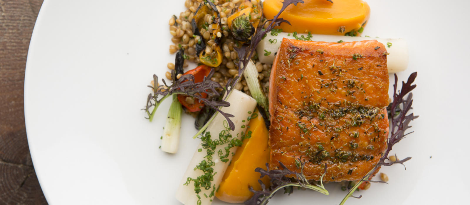 Seared Salmon with Toasted Farro, Charred Peppers and Butternut Squash Puree