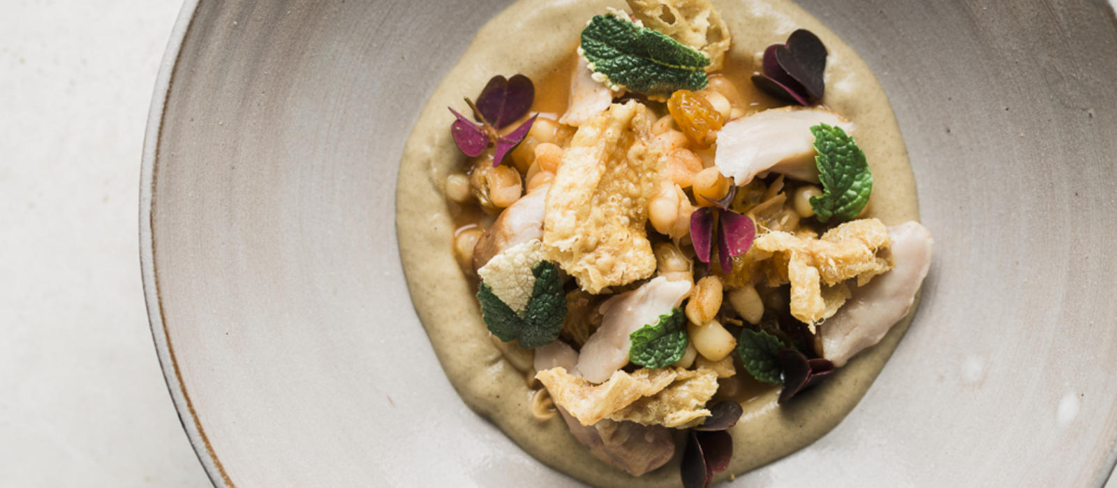 Smoked Chicken Thigh, Rice Peas and Eggplant Puree