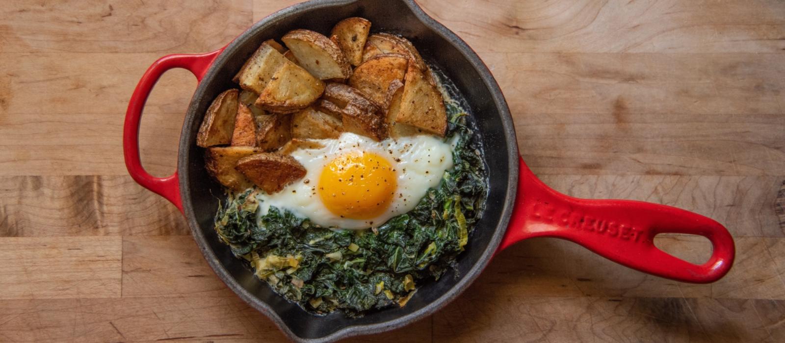 Skillet Hash with Scallion Yogurt Creamed Kale