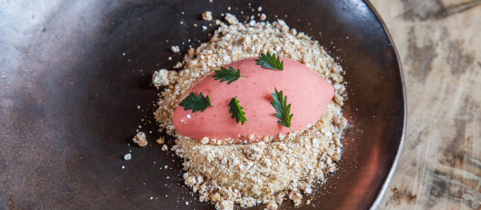 Strawberry Sorbet with Sheep's Milk Custard and Caramelized Buckwheat