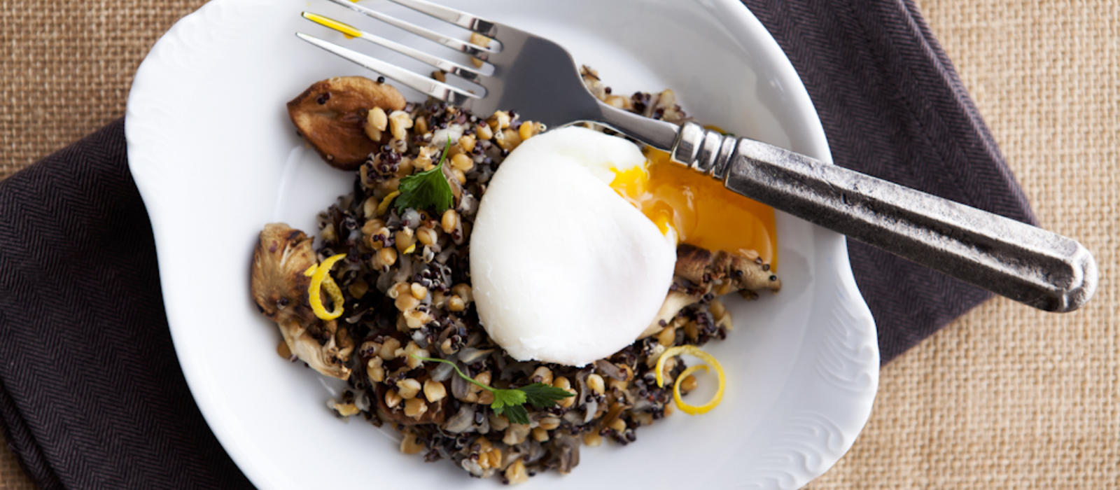 Poached Farm Egg with Mushrooms, Faro and Quinoa