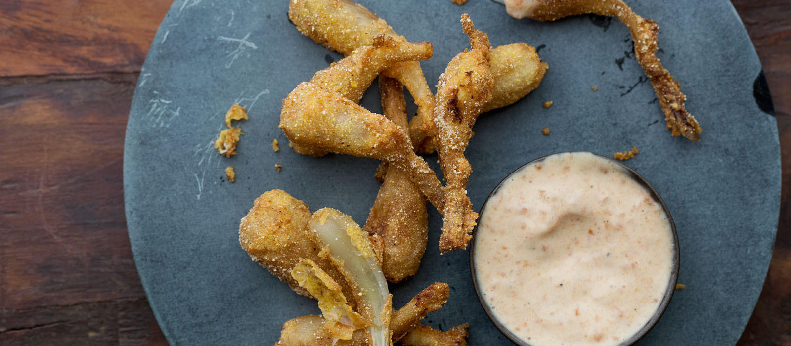 Fried Pickled Ramps with Tomato Jam Mayonnaise