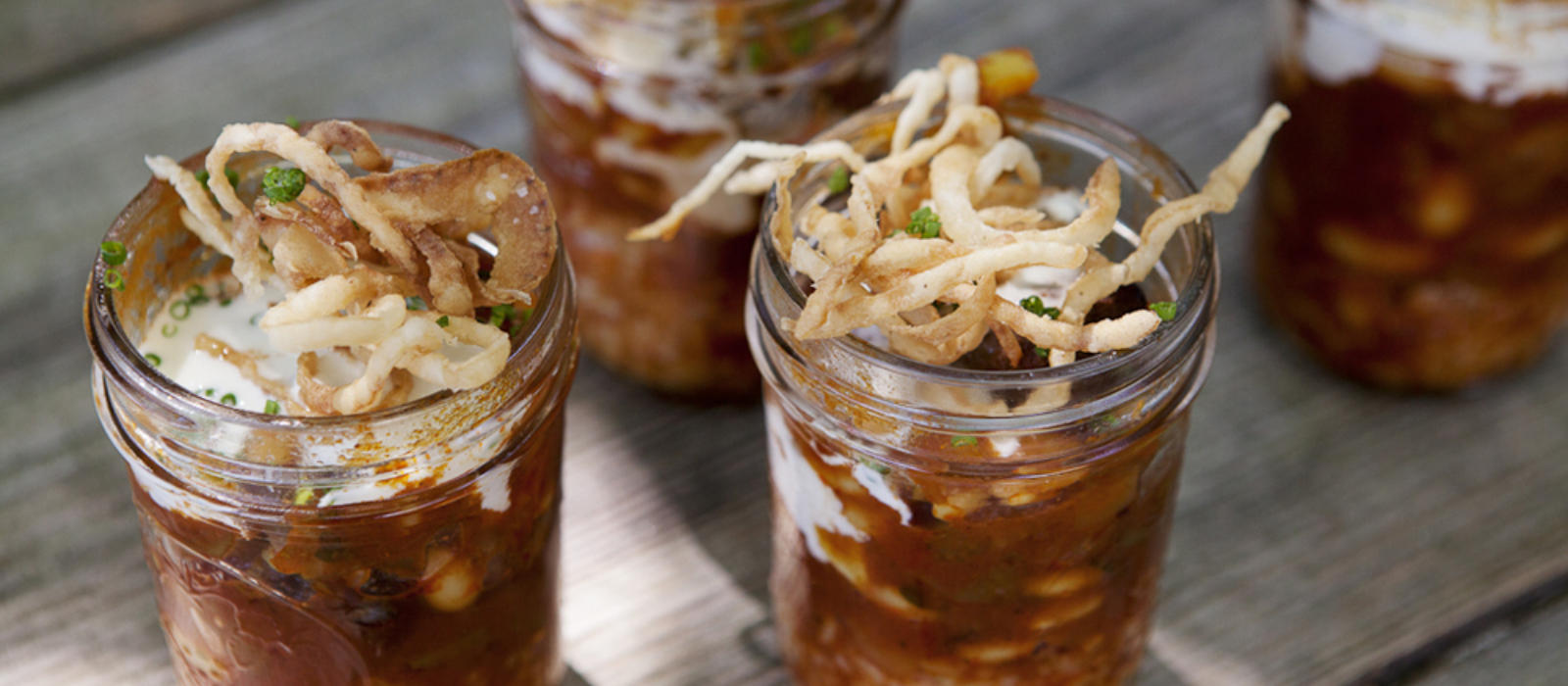 Smoked Short Rib Chili with Crispy Onions and Rice