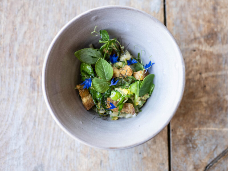 Spring Pea Salad with Crispy Pork Belly
