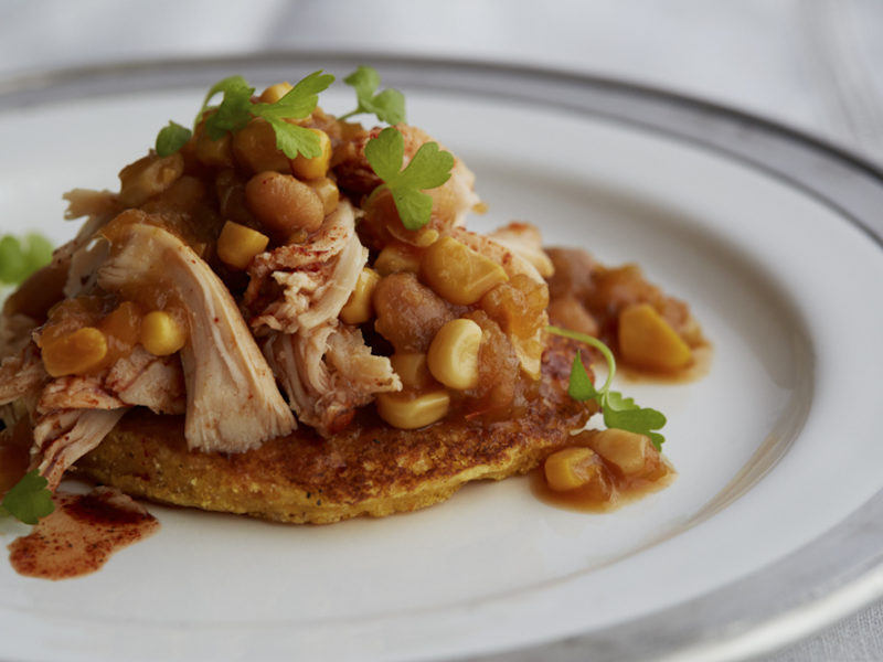Hoecakes with Pulled BBQ Chicken and Succotash