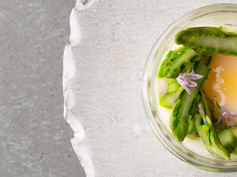Coddled Farm Egg with Warm Bacon Vinaigrette and Asparagus