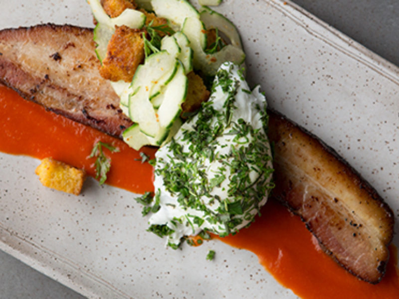 Herb Crusted Poached Eggs with Cured Pork Belly
