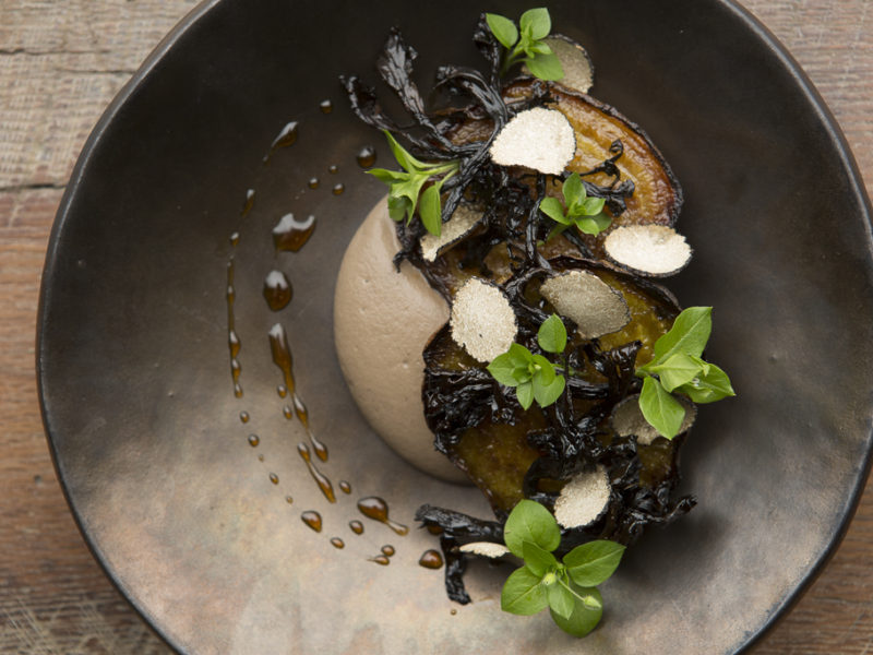 Butter Roasted Golden Beets with Black Truffle, Roasted Mushrooms and Pine Syrup