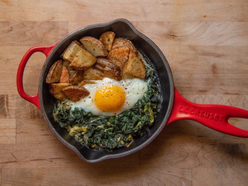 Skillet Hash with Scallion Yogurt Creamed Kale