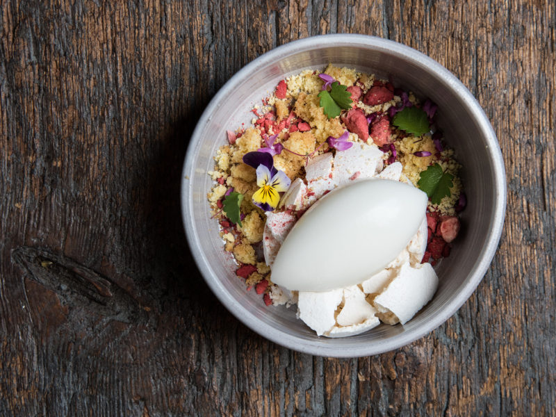 Strawberry and Corn Pavlova with Lemon Sorbet
