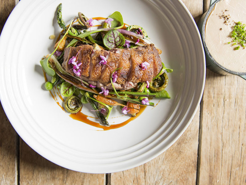 Seared Pekin Duck Breast with sautéed spring vegetables
