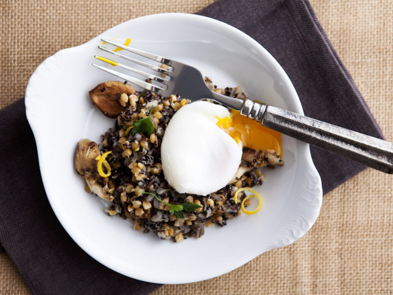 Poached Farm Egg with Mushrooms, Faro and Quinoa