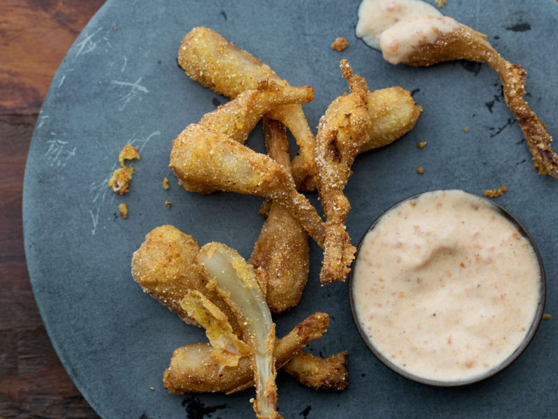 Fried Pickled Ramps with Tomato Jam Mayonnaise
