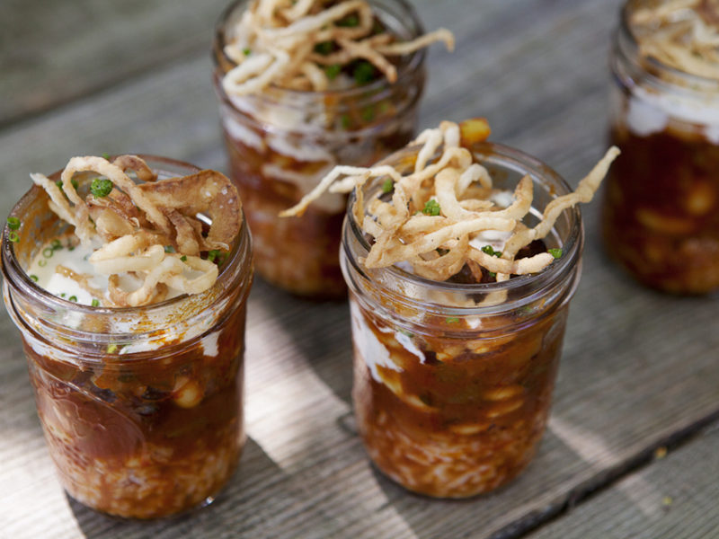 Smoked Short Rib Chili with Crispy Onions and Rice