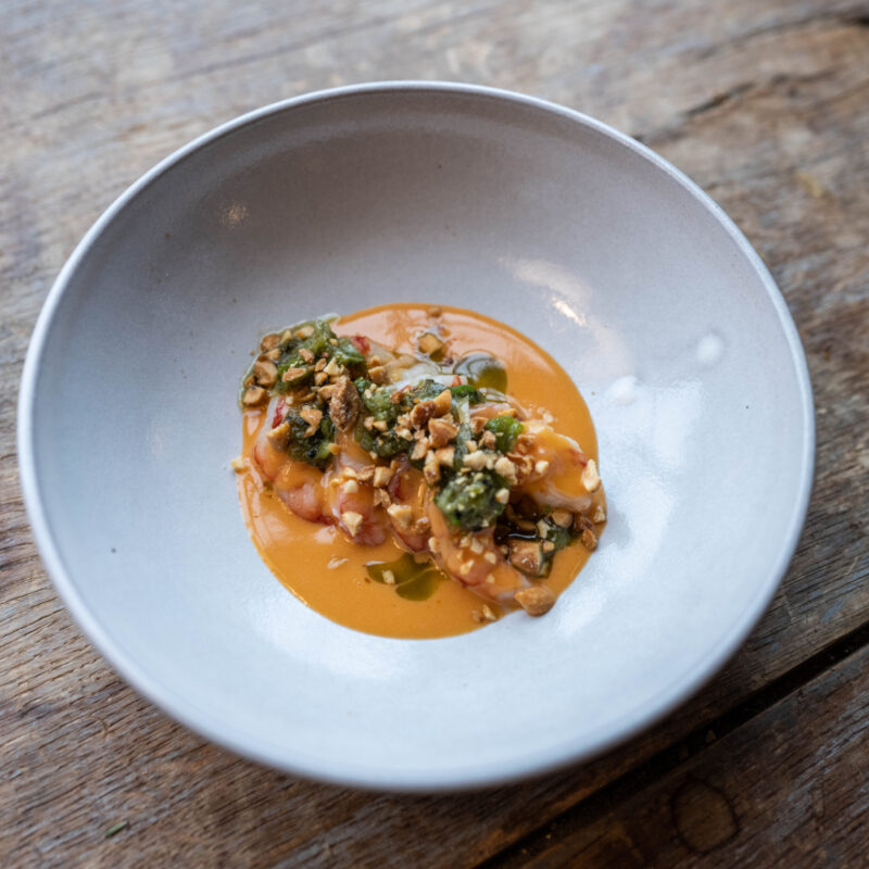 Alabama Royal Red Shrimp with Sweet Potato Beurre Blanc, Charred Scallions and Peanuts