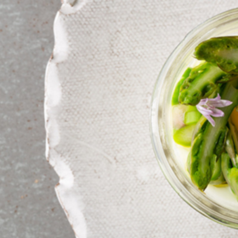 Coddled Farm Egg with Warm Bacon Vinaigrette and Asparagus