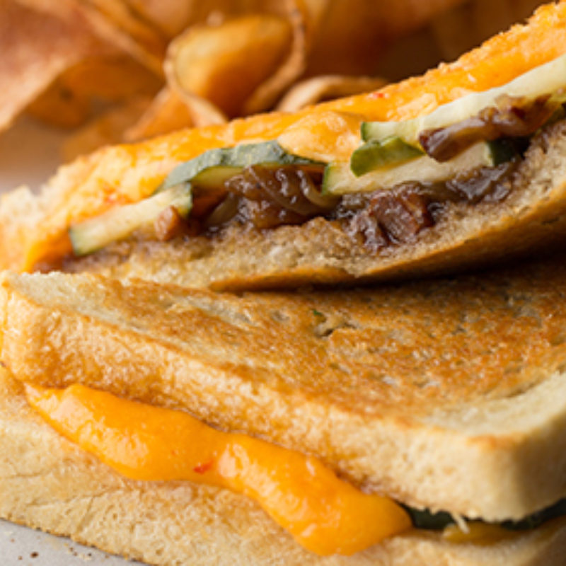 Grilled Pimento Cheese with Pickles and Bacon Jam