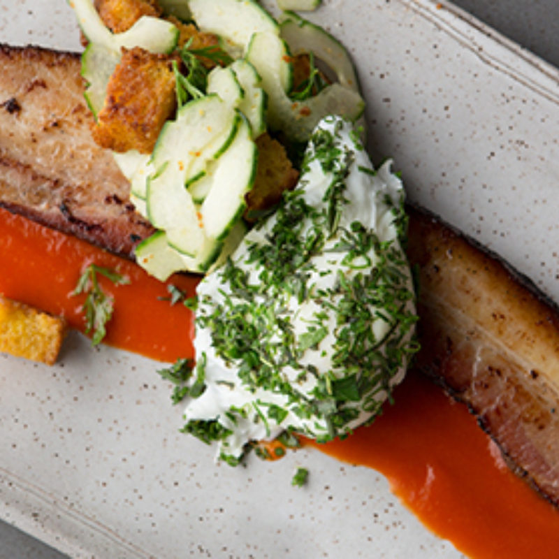 Herb Crusted Poached Eggs with Cured Pork Belly