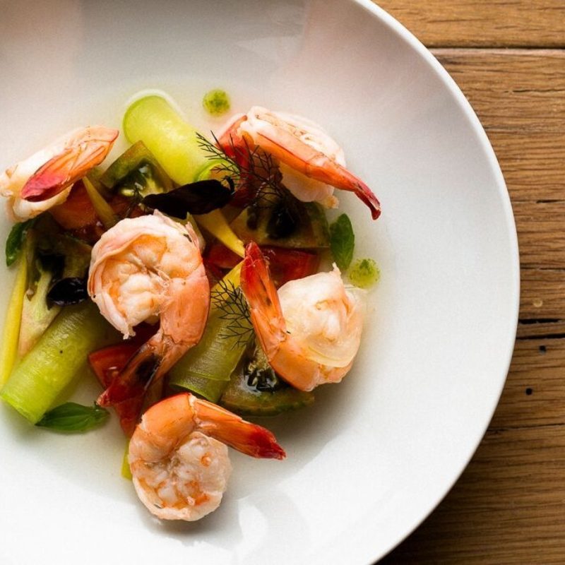 Shrimp with Summer Tomato and Cucumber Salad