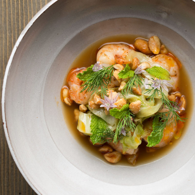 Florida Pink Shrimp with Grilled Cabbage, Peanuts, Chili and Garden Herbs