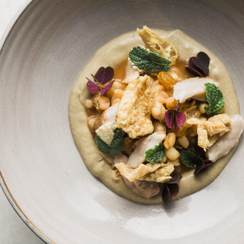 Smoked Chicken Thigh, Rice Peas and Eggplant Puree