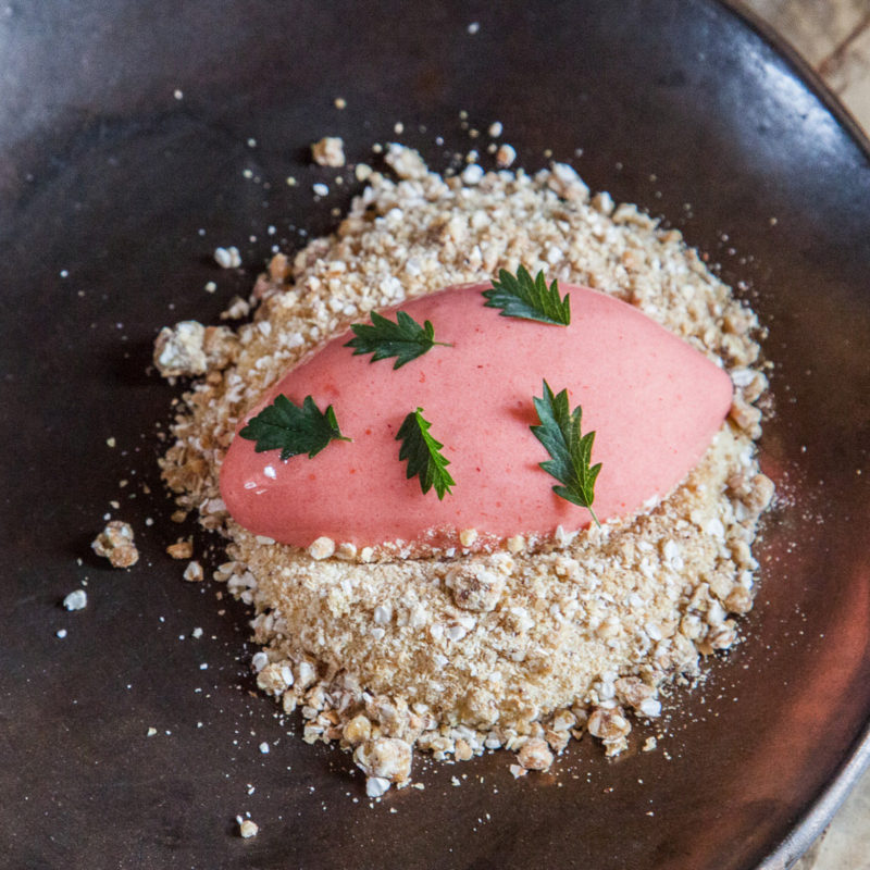Strawberry Sorbet with Sheep's Milk Custard and Caramelized Buckwheat