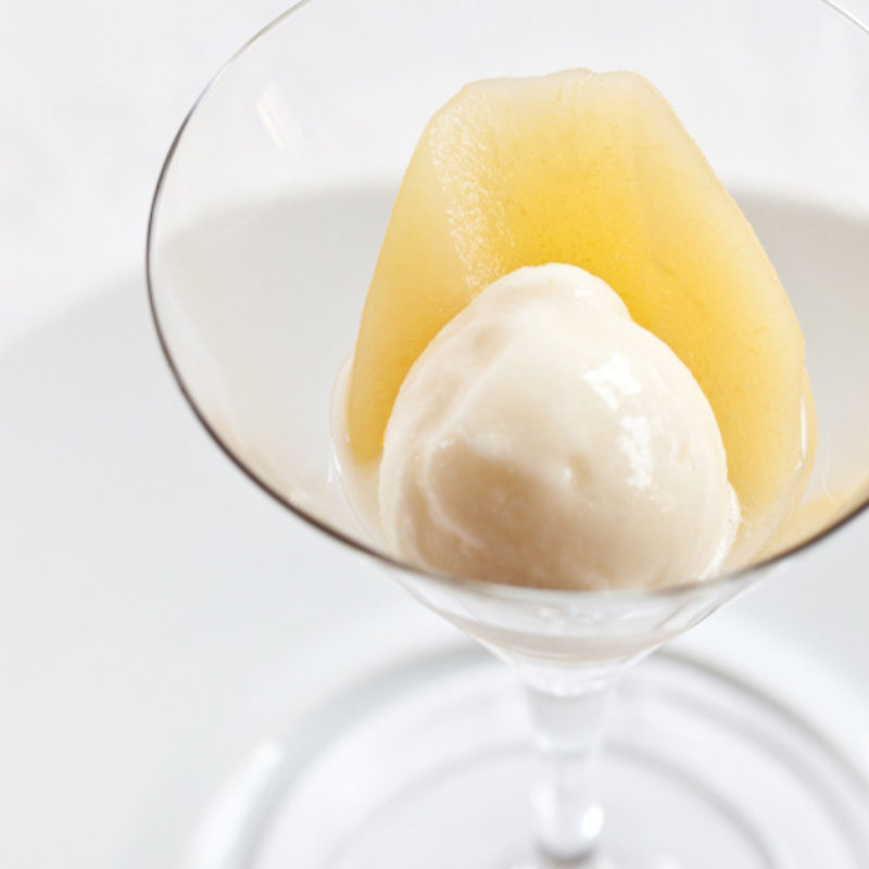 Honey Poached Pear with Lemon Yogurt Sherbet