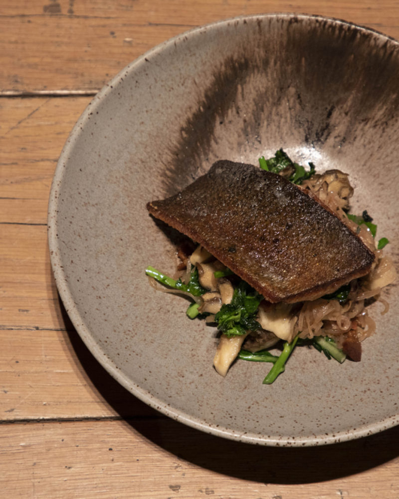 Seared Trout with Garden Greens, Mushroom Agrodolce and Bacon