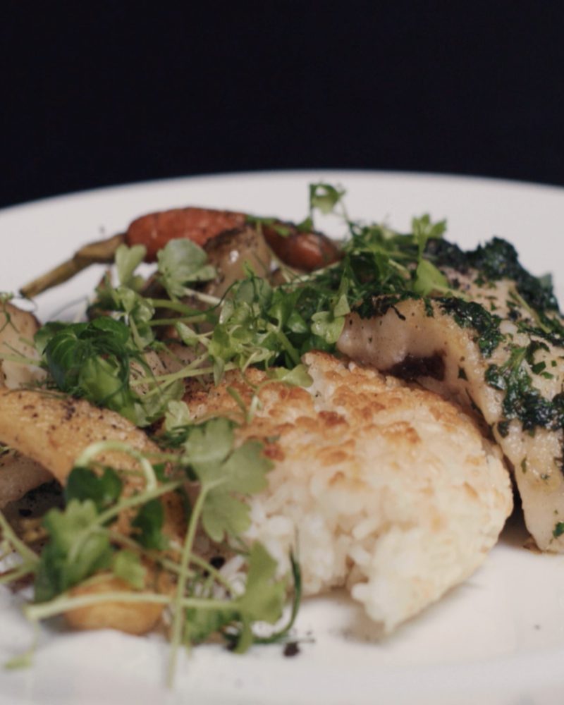 Crispy Rice Cake with Pan Seared Fish