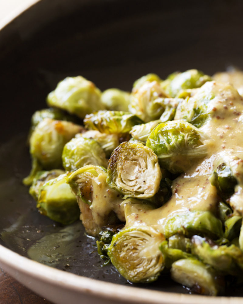 Roasted Brussel Sprout Salad with Onion Jam, Sweet Hot Mustard