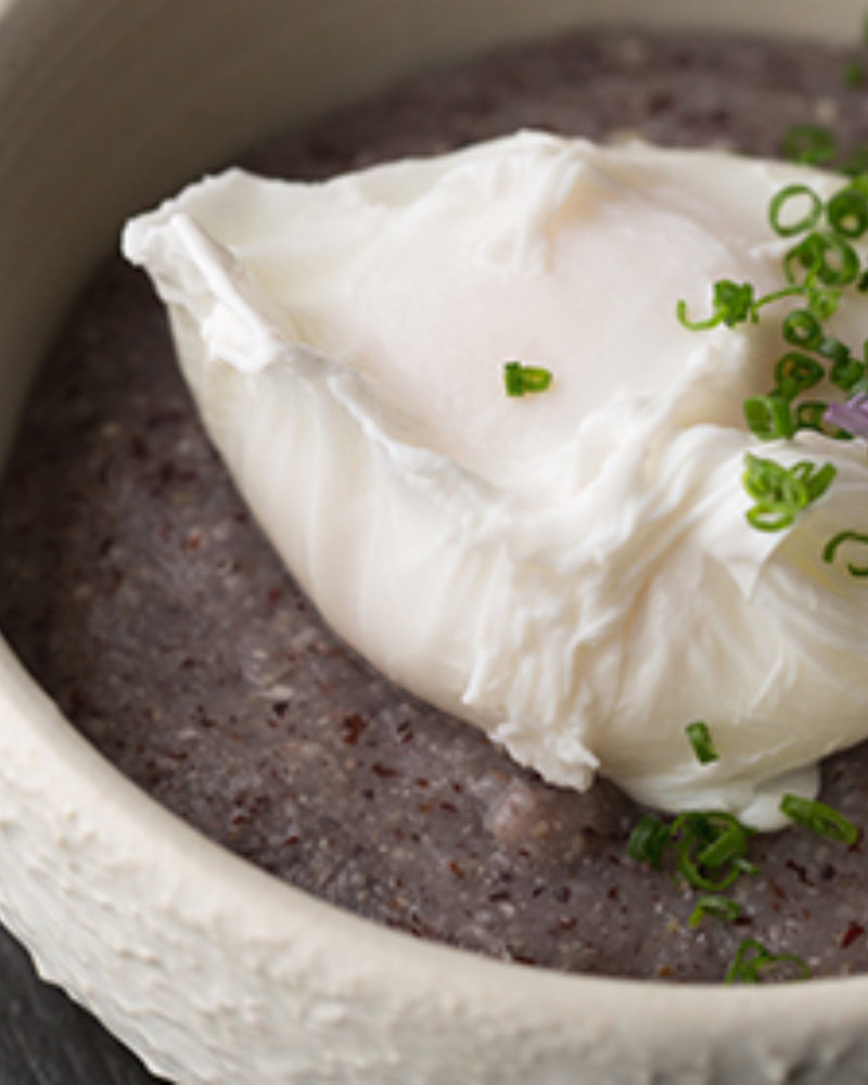 Saison Poached Eggs with Bloody Butcher Grits