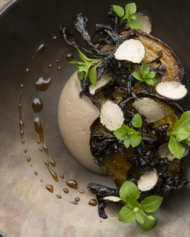Butter Roasted Golden Beets with Black Truffle, Roasted Mushrooms and Pine Syrup