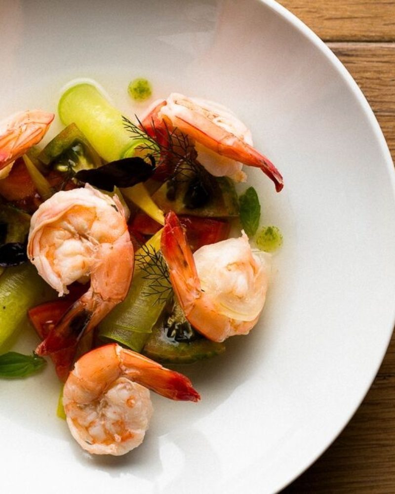 Shrimp with Summer Tomato and Cucumber Salad