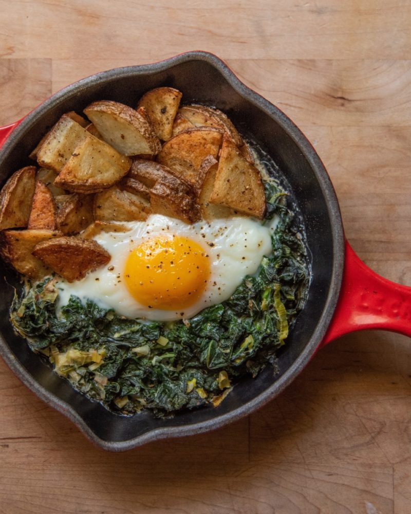 Skillet Hash with Scallion Yogurt Creamed Kale
