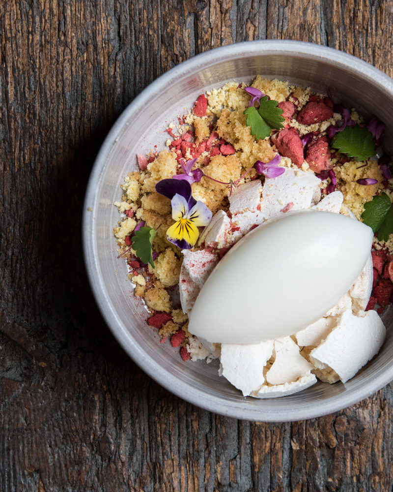 Strawberry and Corn Pavlova with Lemon Sorbet