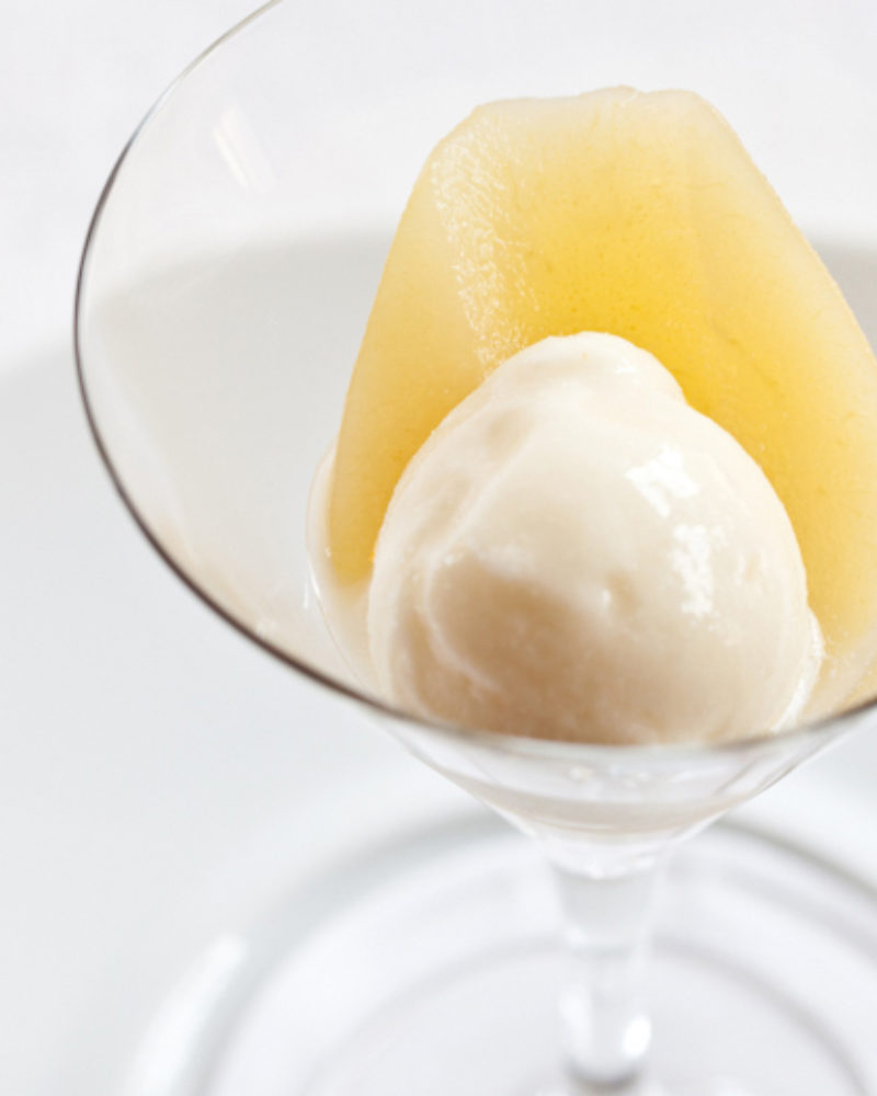 Honey Poached Pear with Lemon Yogurt Sherbet