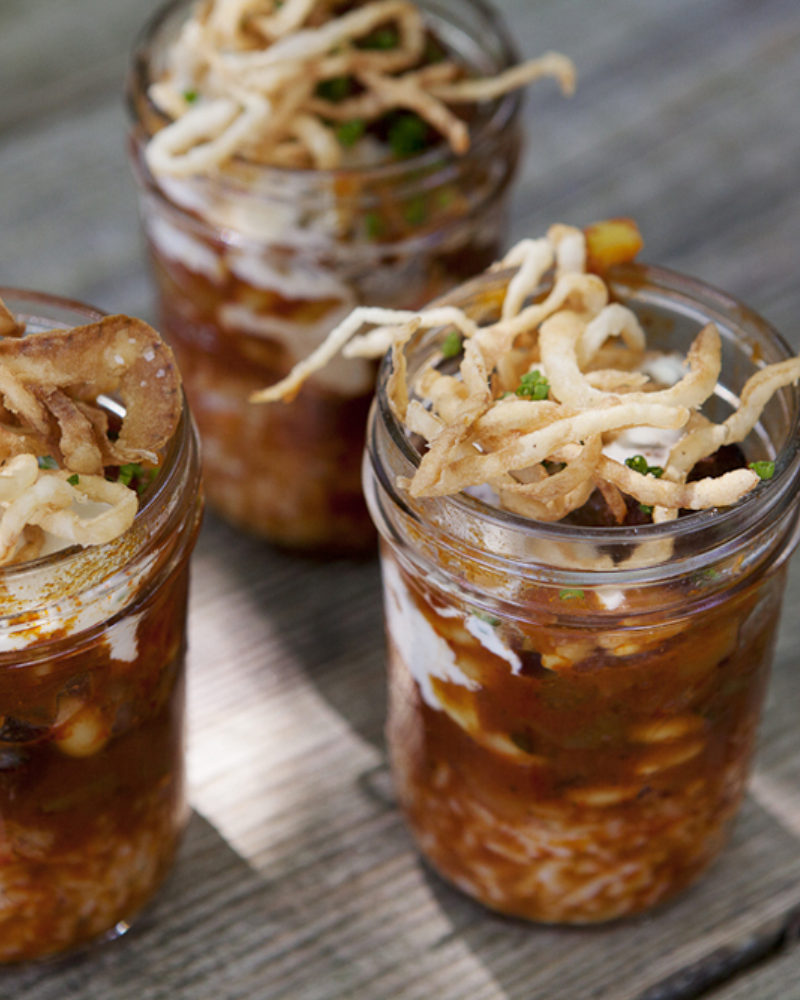 Smoked Short Rib Chili with Crispy Onions and Rice