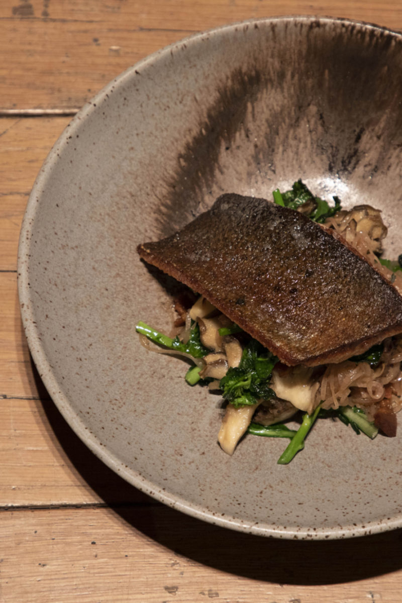 Seared Trout with Garden Greens, Mushroom Agrodolce and Bacon