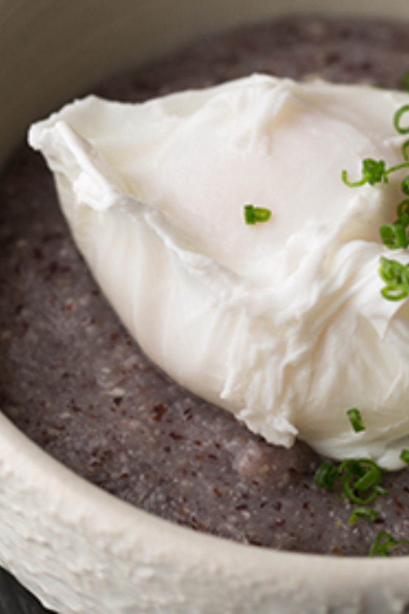 Saison Poached Eggs with Bloody Butcher Grits