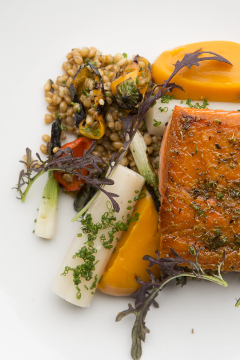 Seared Salmon with Toasted Farro, Charred Peppers and Butternut Squash Puree