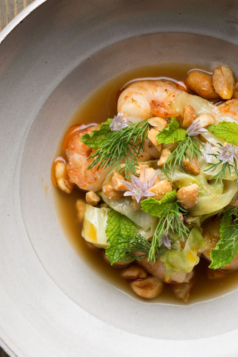 Florida Pink Shrimp with Grilled Cabbage, Peanuts, Chili and Garden Herbs