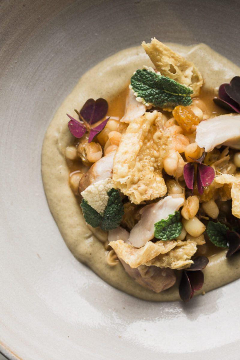 Smoked Chicken Thigh, Rice Peas and Eggplant Puree