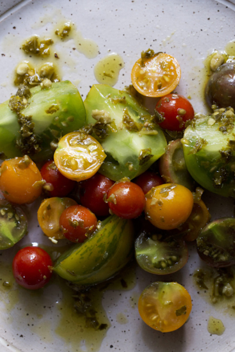 Tomato Salad with Blackberry Farm Kale, Ramp or Basil Pesto